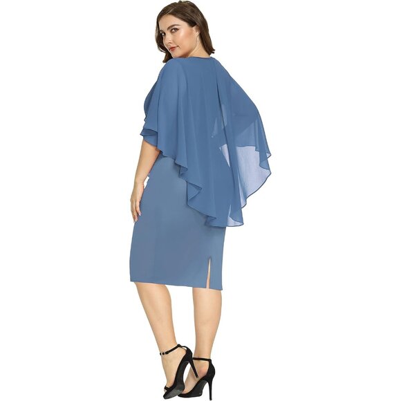Women's Plus Size Chiffon Ruffle Cape Sleeve Bodycon Dress for Elegance - Picture 5 of 5